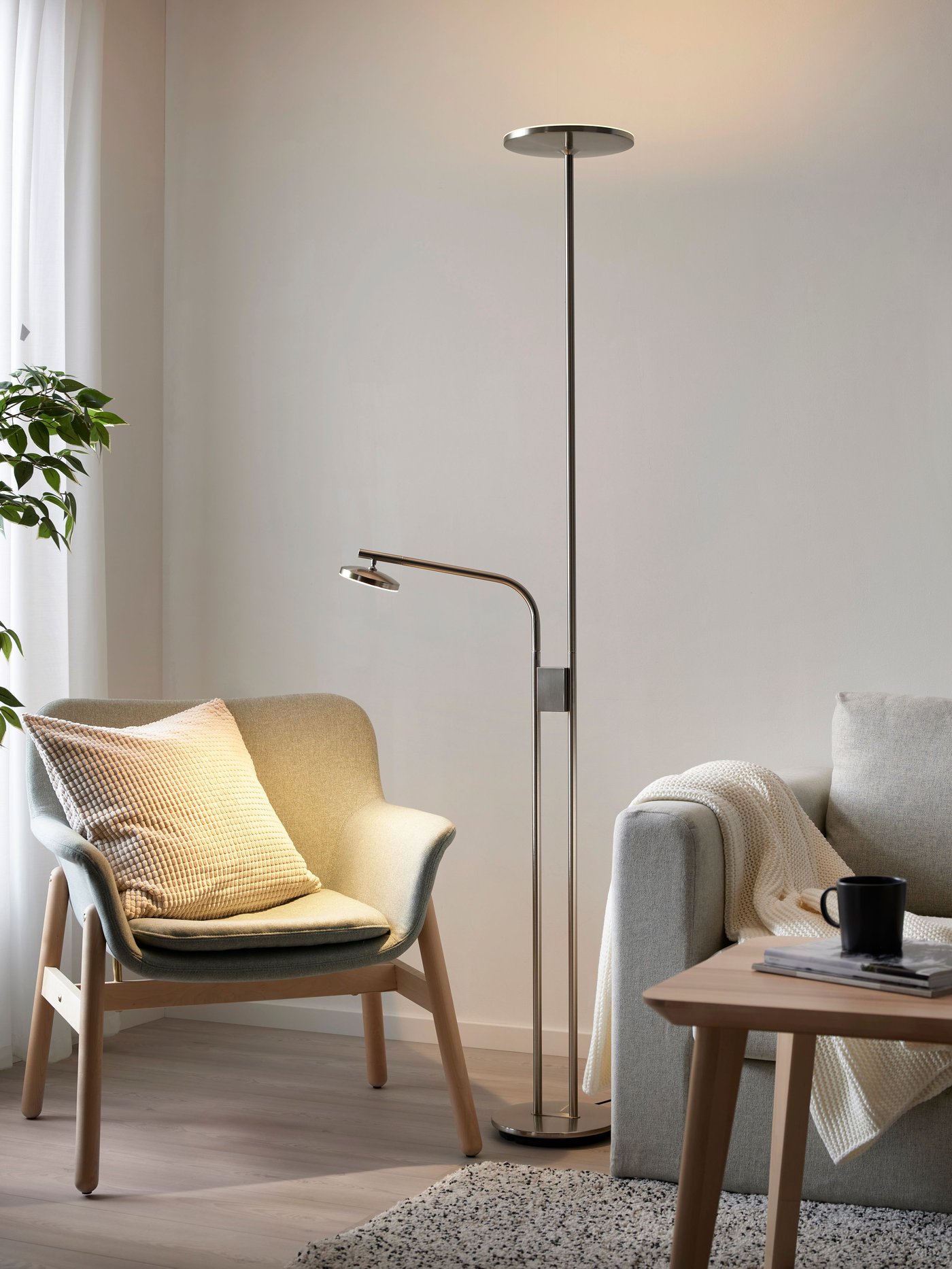 A dimmable/nickel-plated ISJAKT LED floor uplighter/reading lamp