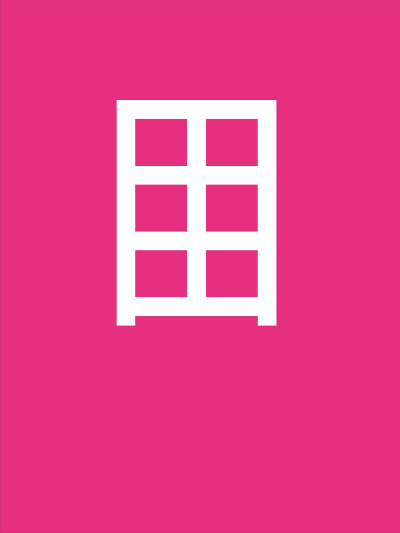 A white icon of a KALLAX storage unit on a bright pink background