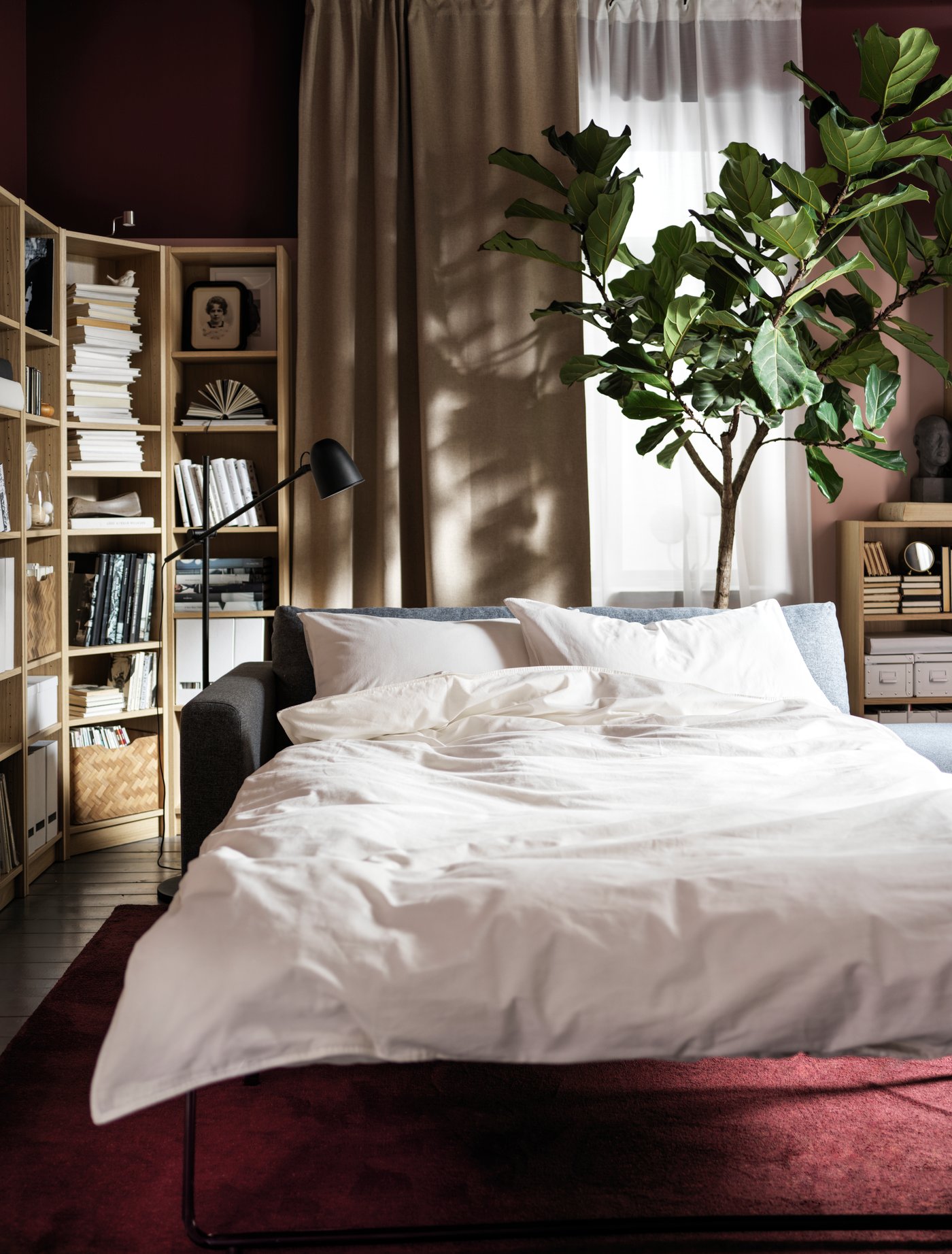 Sala con un sofá cama convertido en cama. En el fondo se ve una ventana con cortinas oscurecedoras ANNAKAJSA. Junto al sofá cama se ve una planta grande y una estantería.