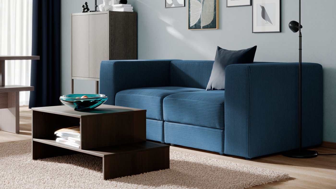 A Samsala dark blue JÄTTEBO 2-seat modular sofa in the living room