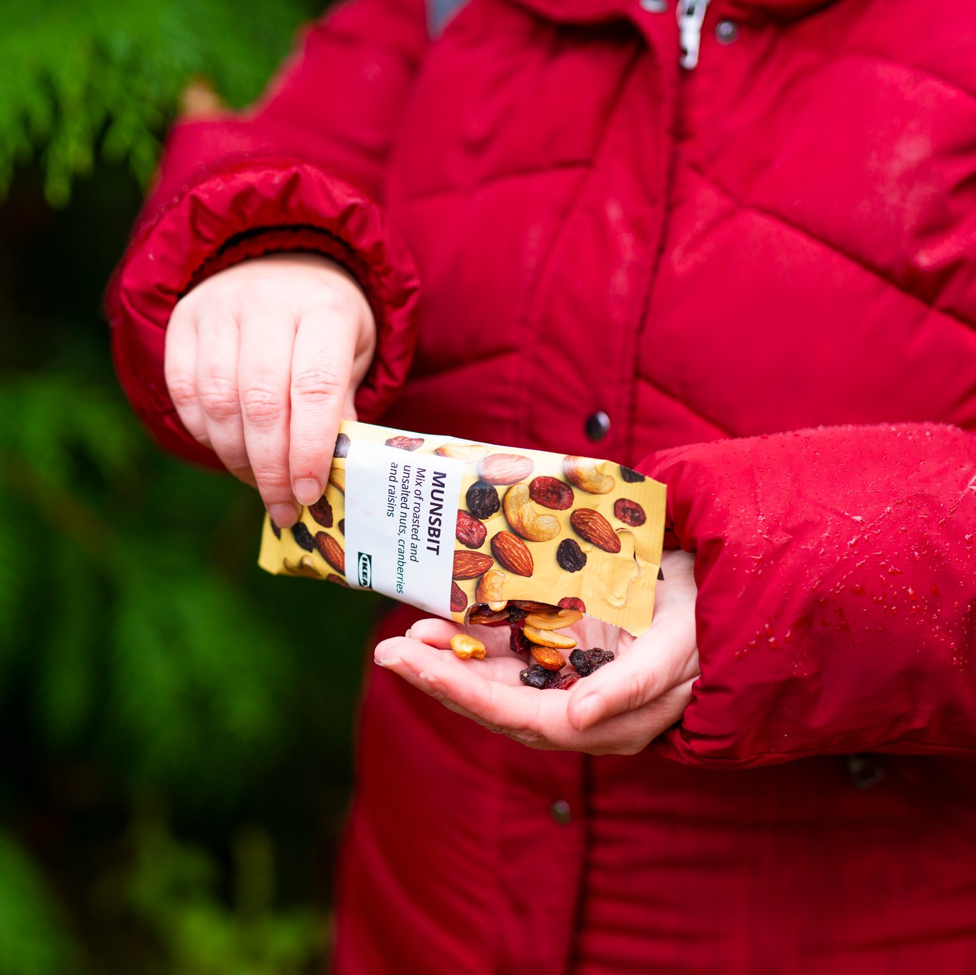 A woman in a forest takes out some  MUNSBIT trail mix to snack on.