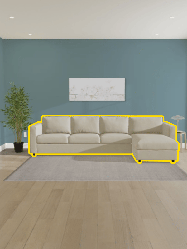 A visual representation in IKEA Kreativ showing a right-hand corner sofa placed against a blue wall in the living room.