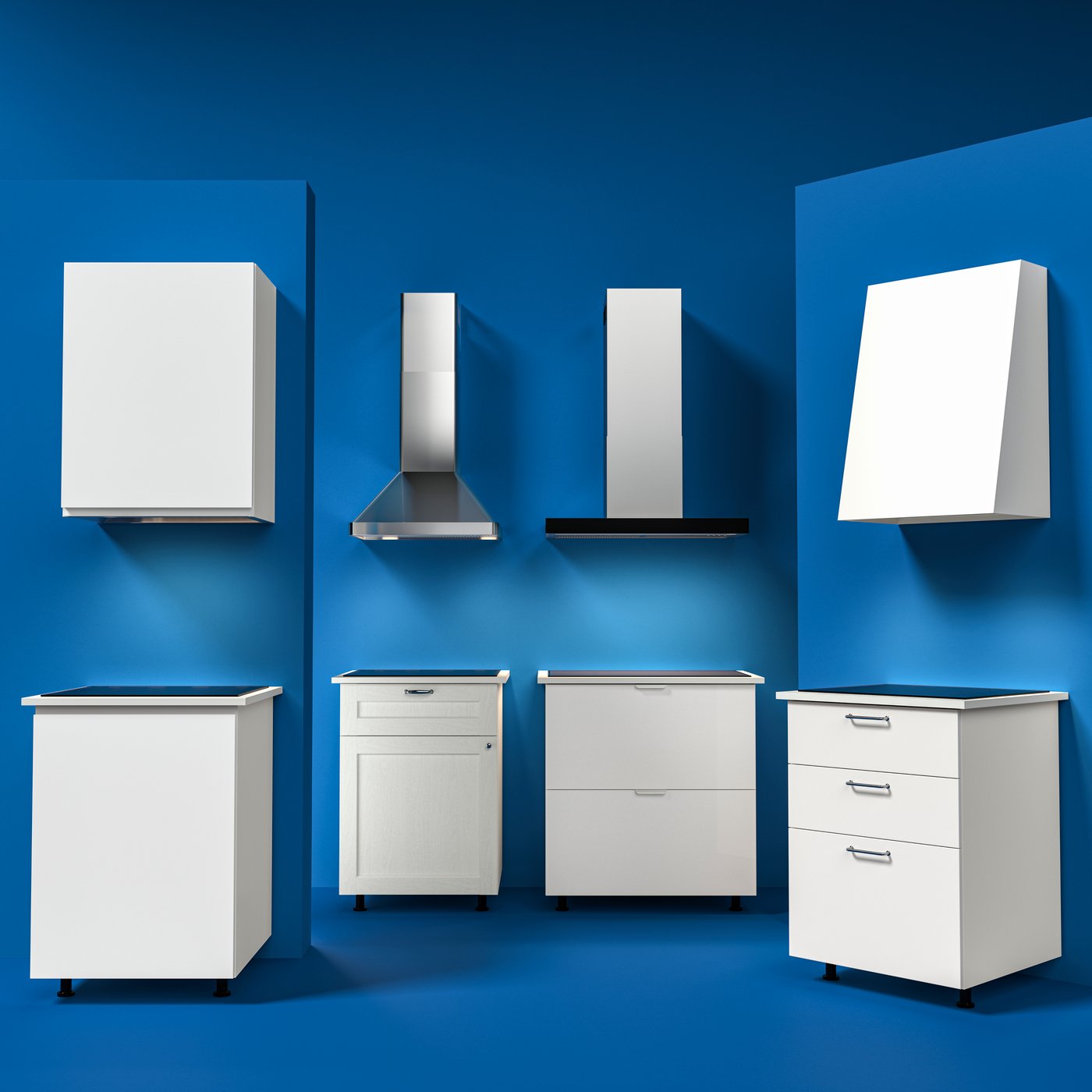 A range of ceiling- and wall-mounted extractor hoods are placed against a blue background.