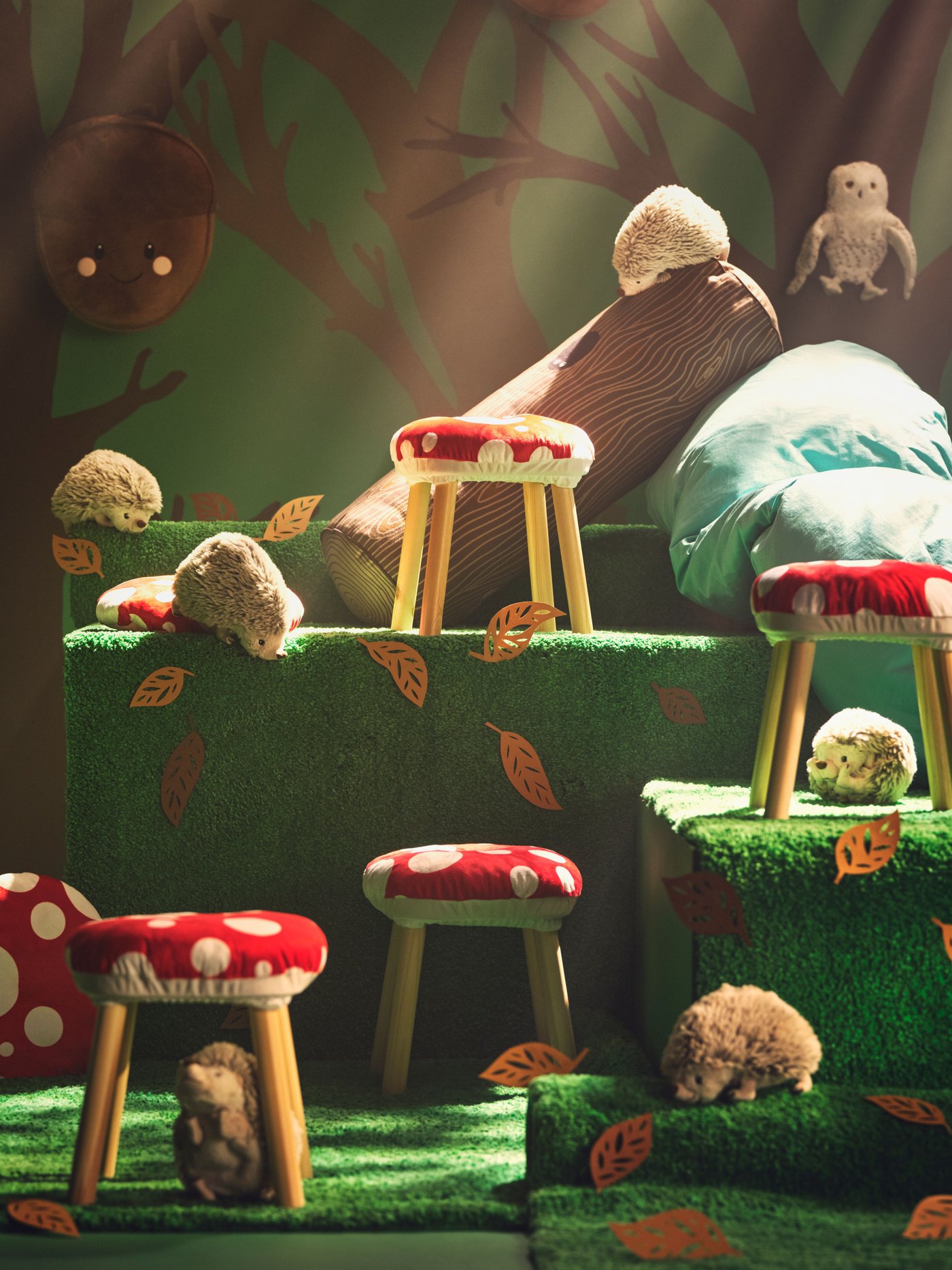 A cylinder shaped/brown SKOGSDUVA cushion in the NA