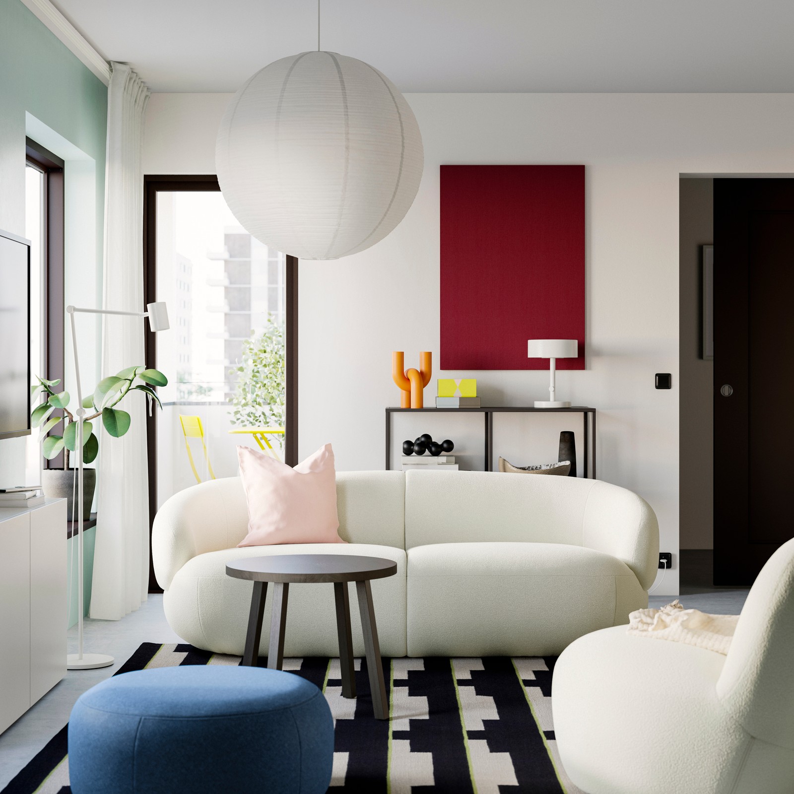 A LILLESÄTER pouffe and a coffee table in front of a three-seat off-white LILLESÄTER sofa with a cushion on top.