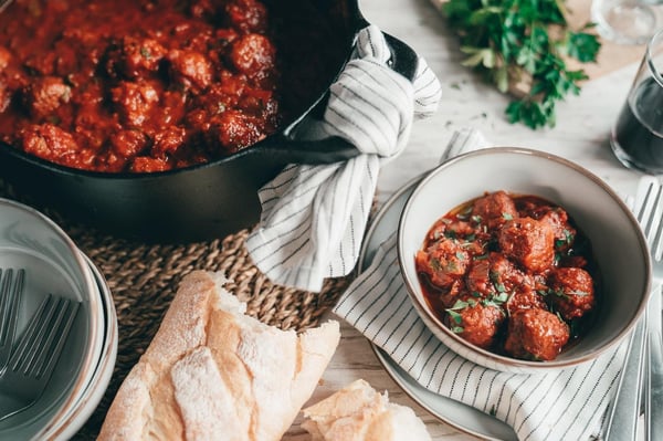 Vegetarian albóndigas made with plant-based Swedish meatballs in a bowl