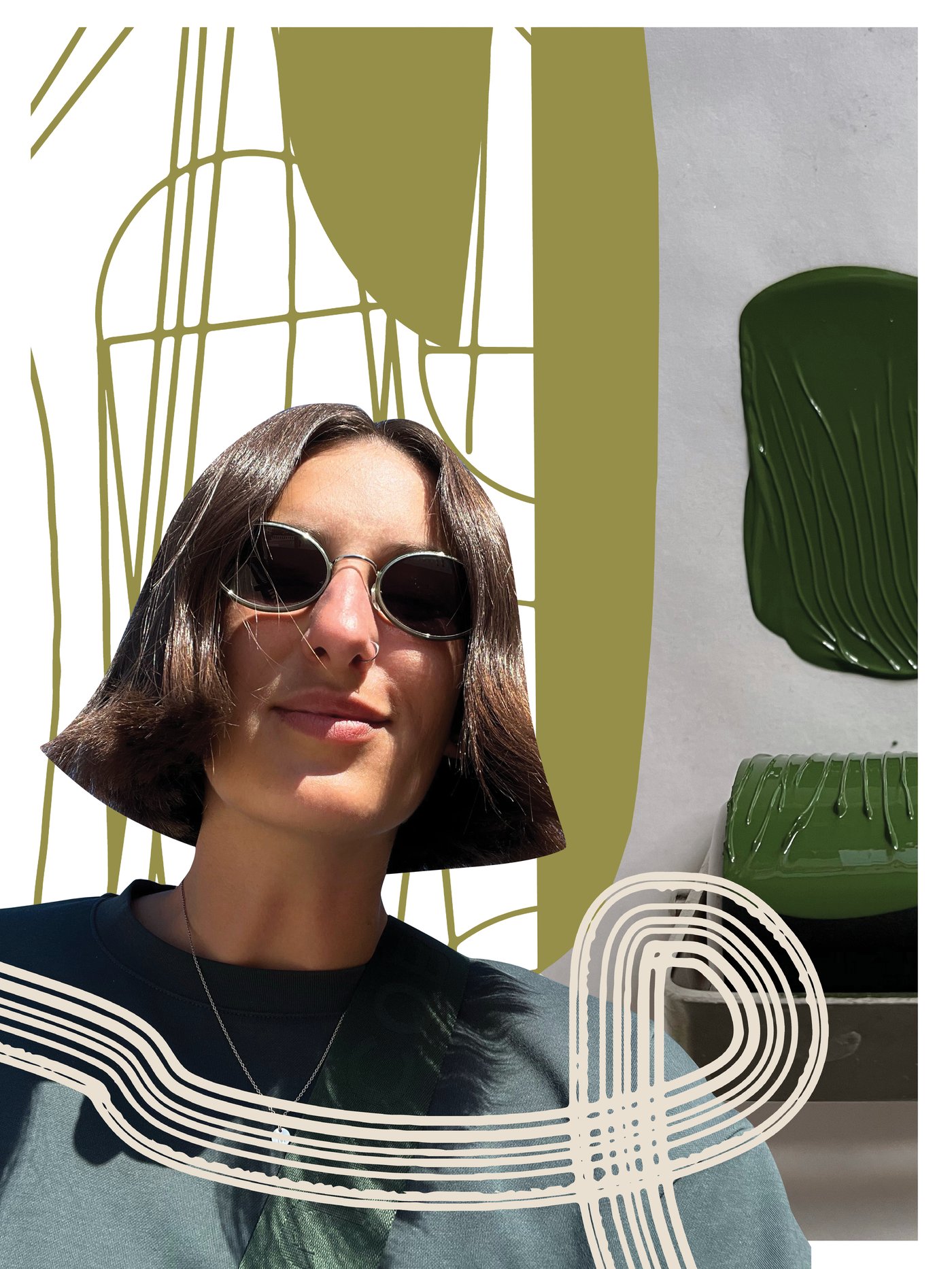 En collage med et portræt af Marina og grønne illustrationer.