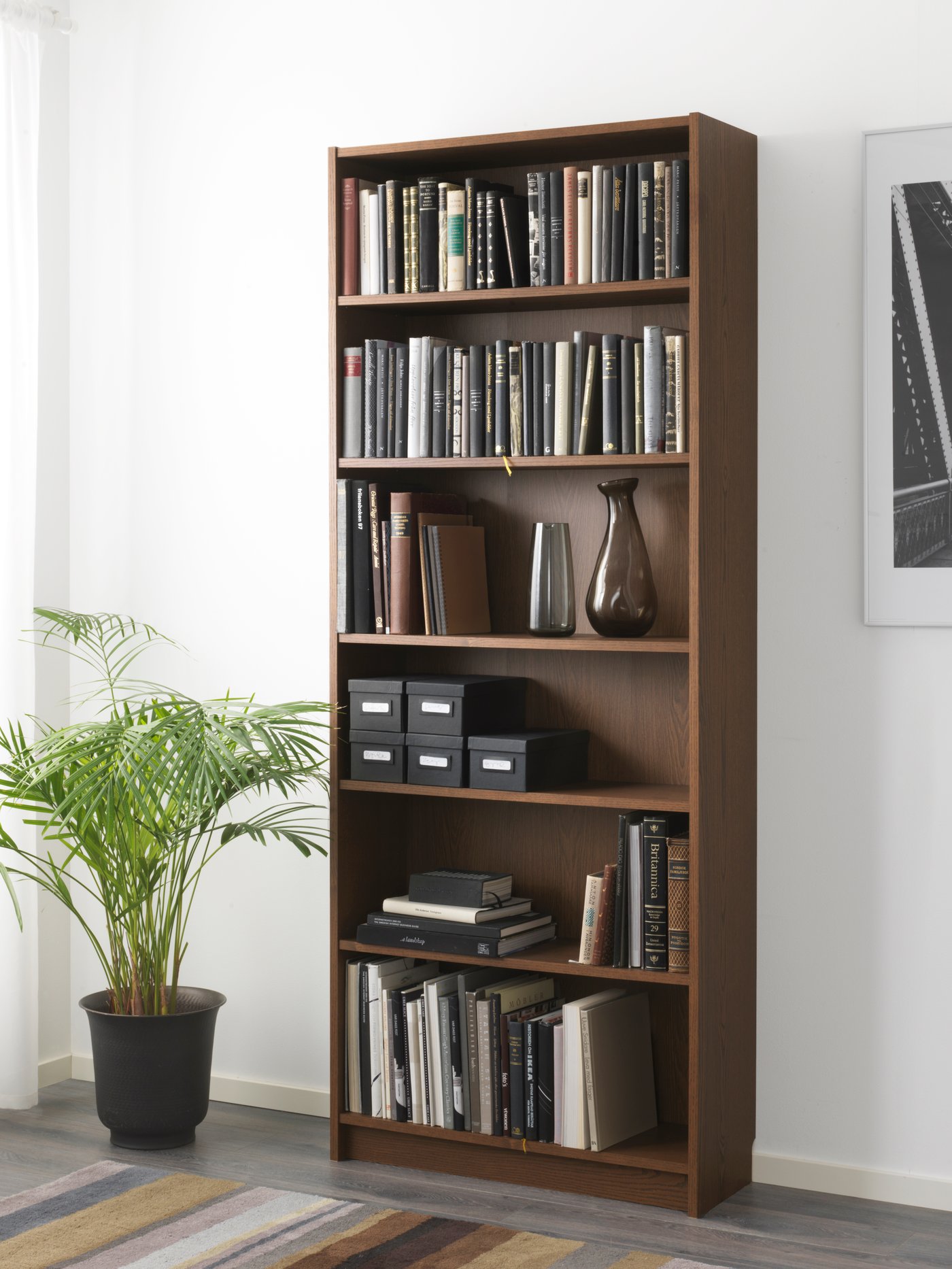 A brown ash veneer BILLY bookcase in the living room