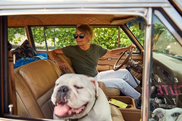 Eine Person und ein Hund sitzen bei offenem Fenster in einem Auto.