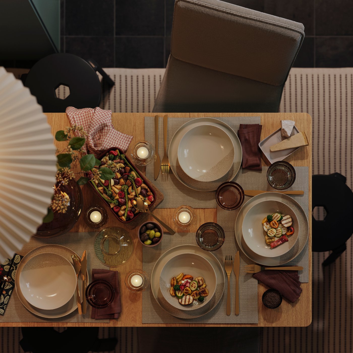 A TONSTAD extendable table is extended with the self-storing leaf and has matching chairs and IBBARBO stools next to it.