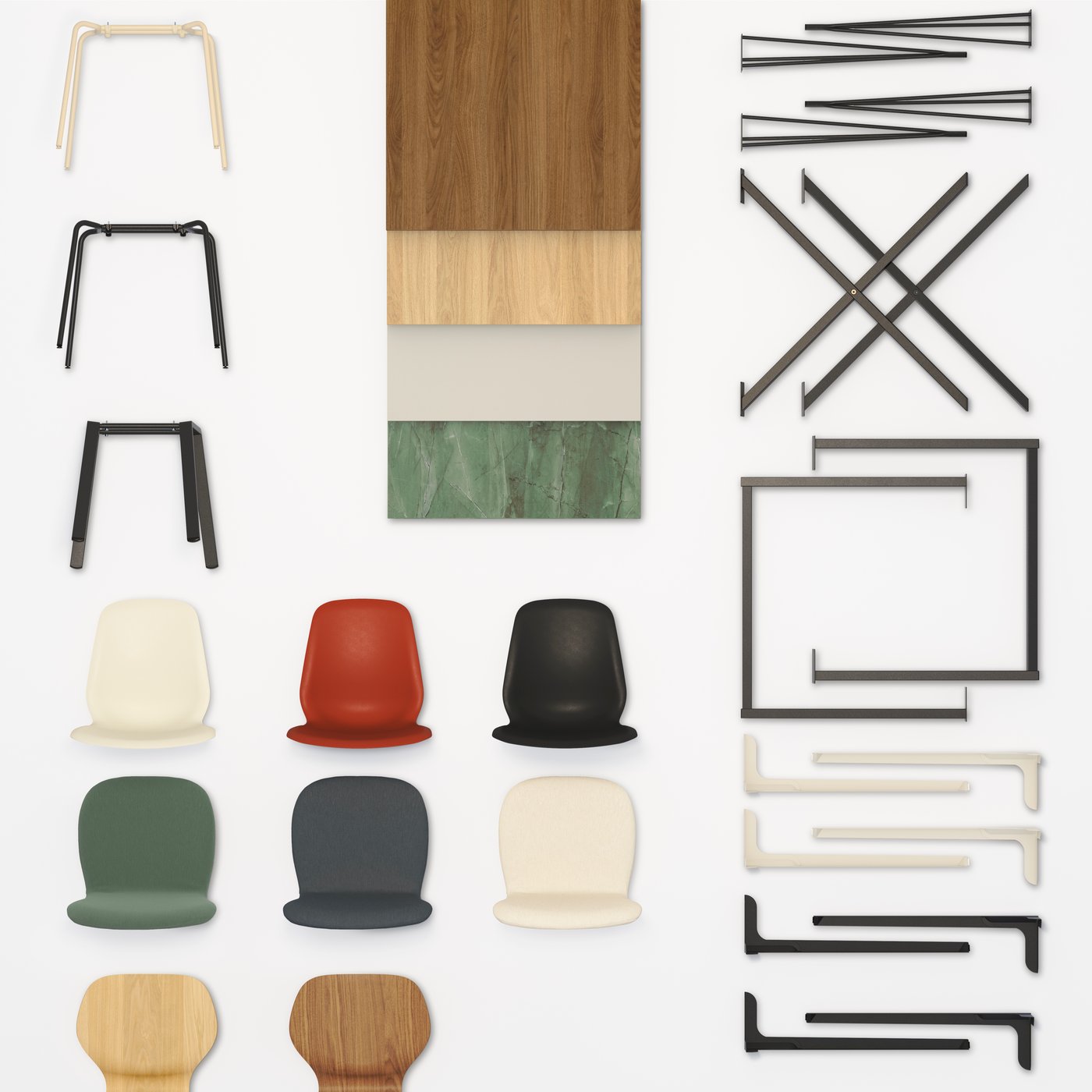 Seat shells, chair legs, tabletops and table legs from the SKÅLSTA series are placed next to each other in a graphic pattern.
