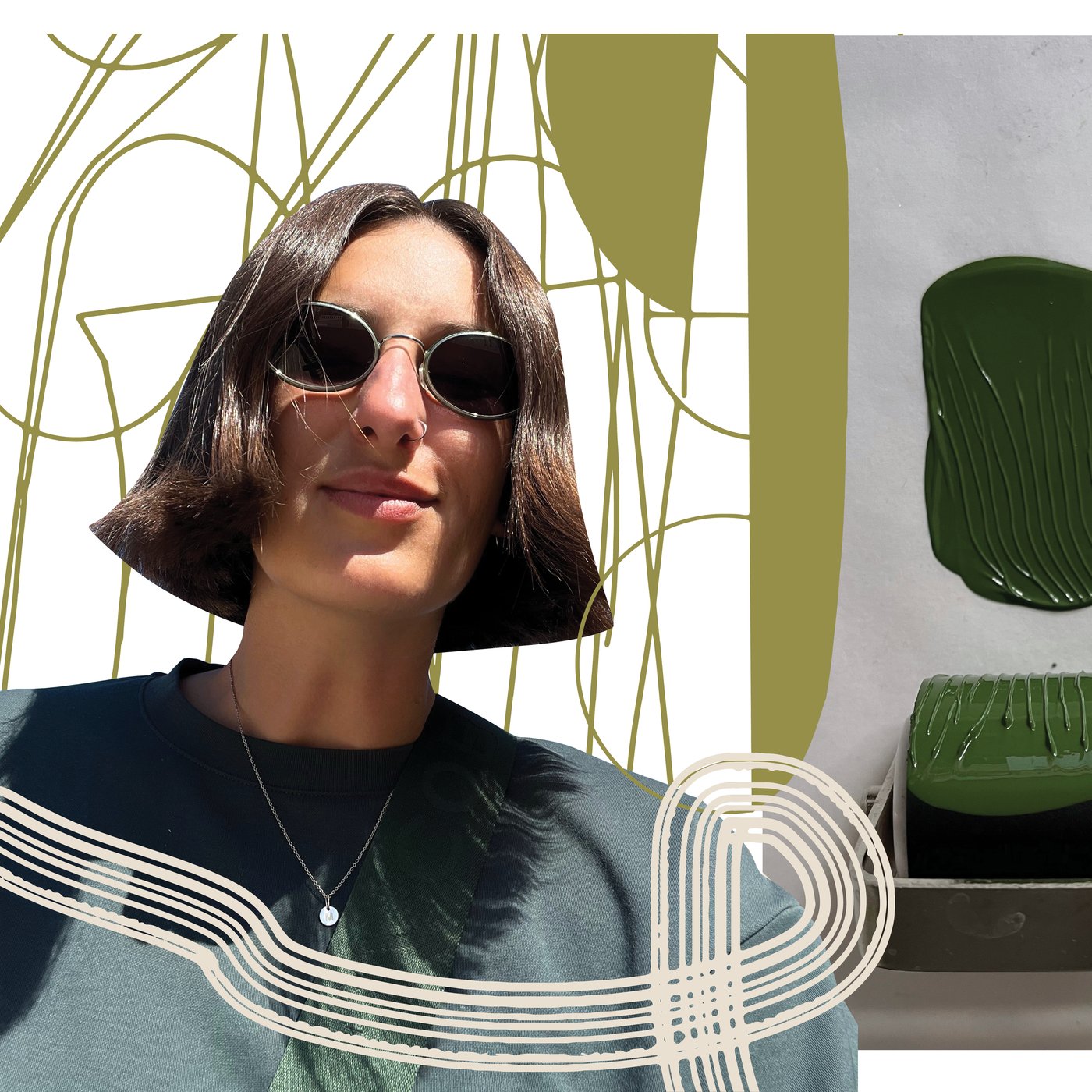 A collage with a portrait of Marina and green illustrations.