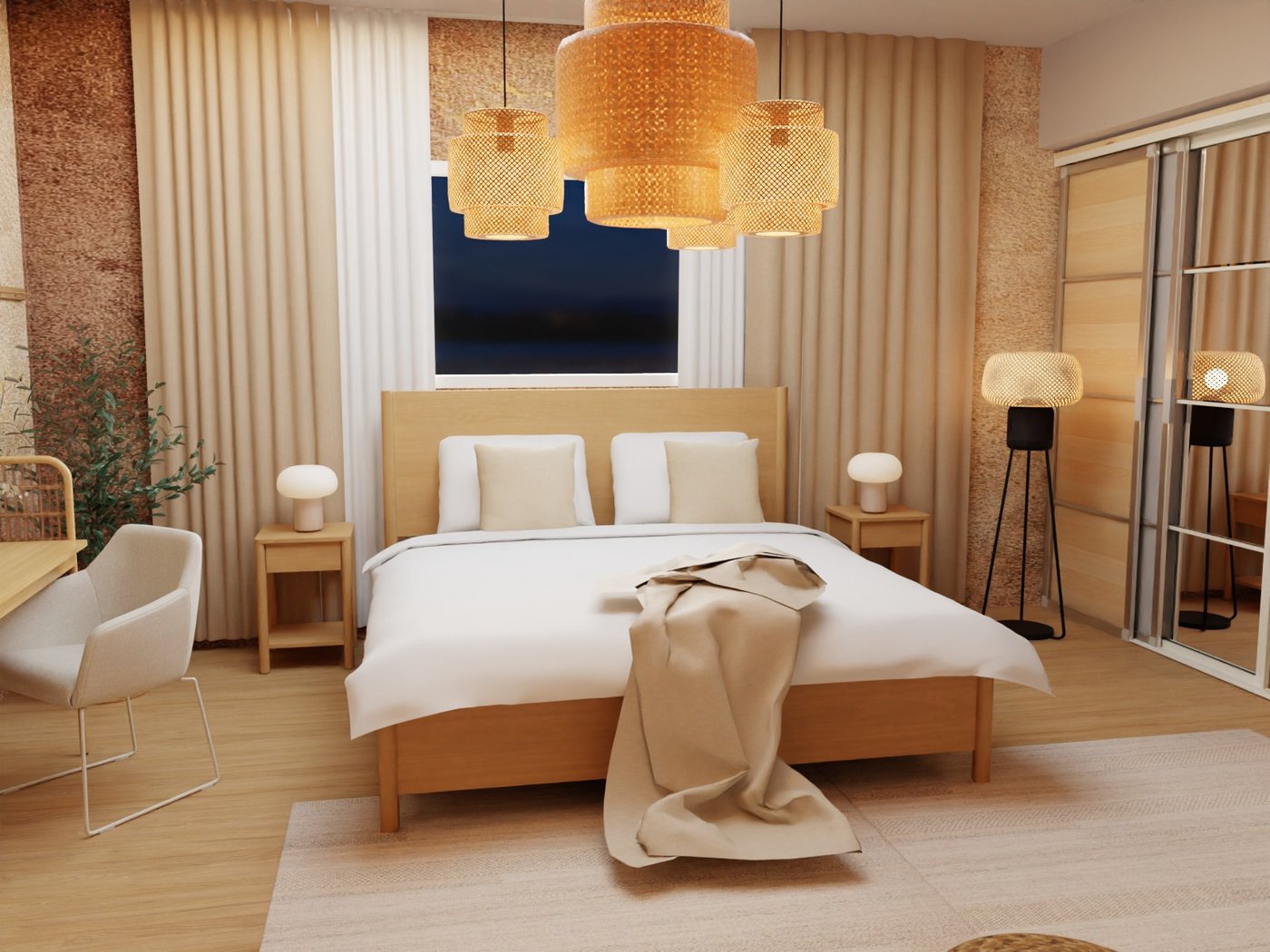 Teil eines Hotelzimmers. Blick auf ein Doppelbett mit Nachttischen und Beleuchtung. Links neben dem Bett ein gepolsterter Stuhl.