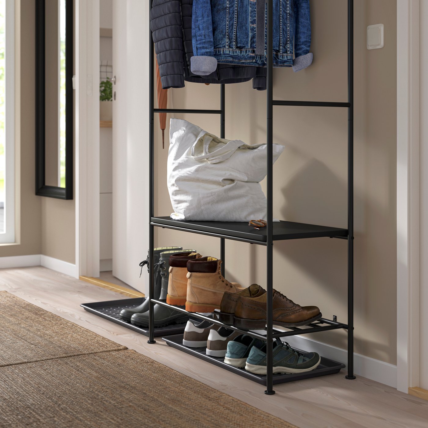 An anthracite GRÅFJÄLLET clothes rack with shoe storage