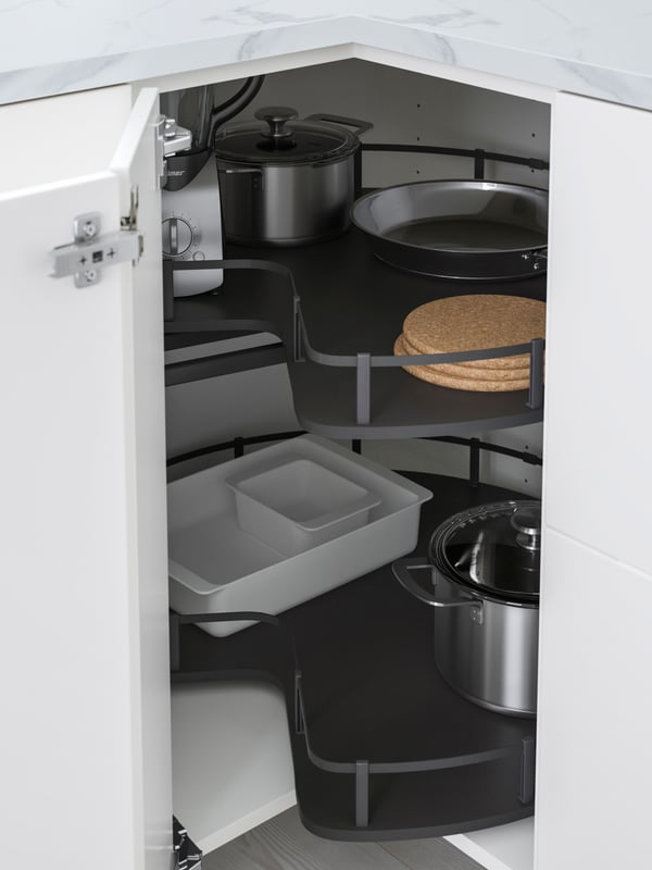 A grey UTRUSTA corner base cabinet carousel