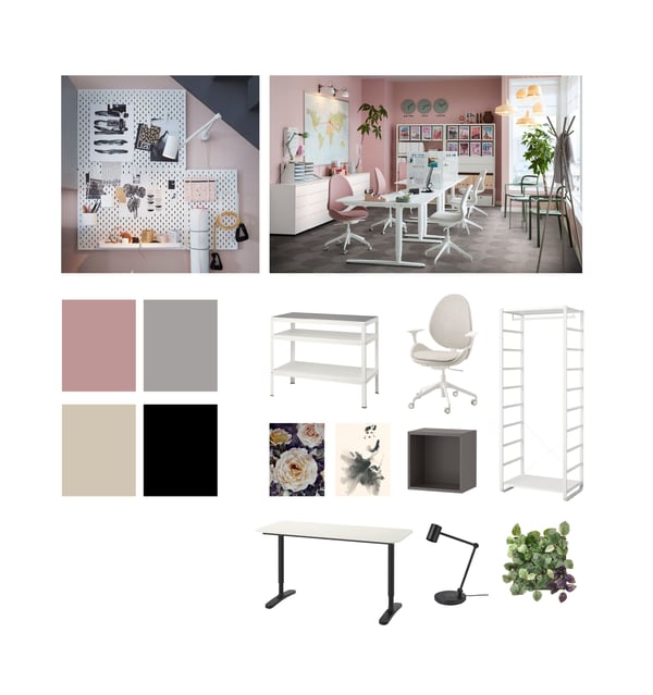 A collage of colours, products and inspirational images for a business space.