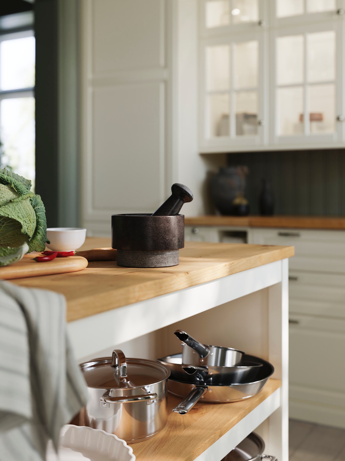 En mortel på en köksbänk.