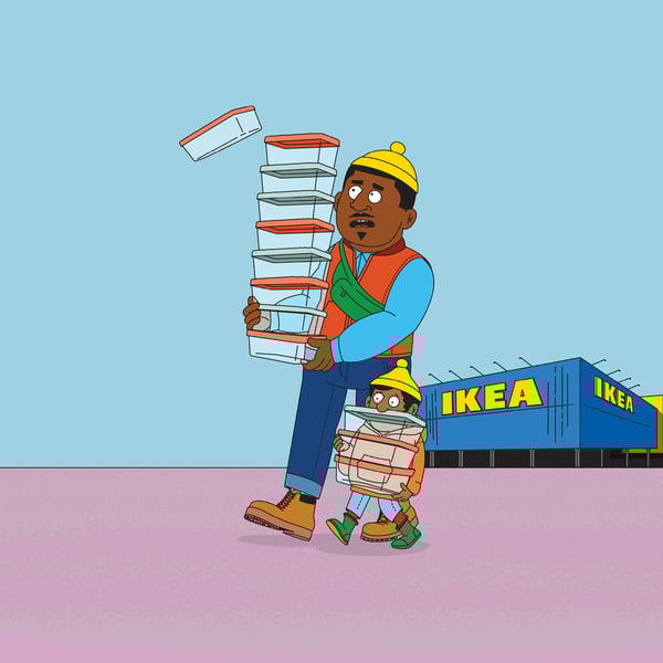 A cartoon man and child hold food storage containers on front of an IKEA store