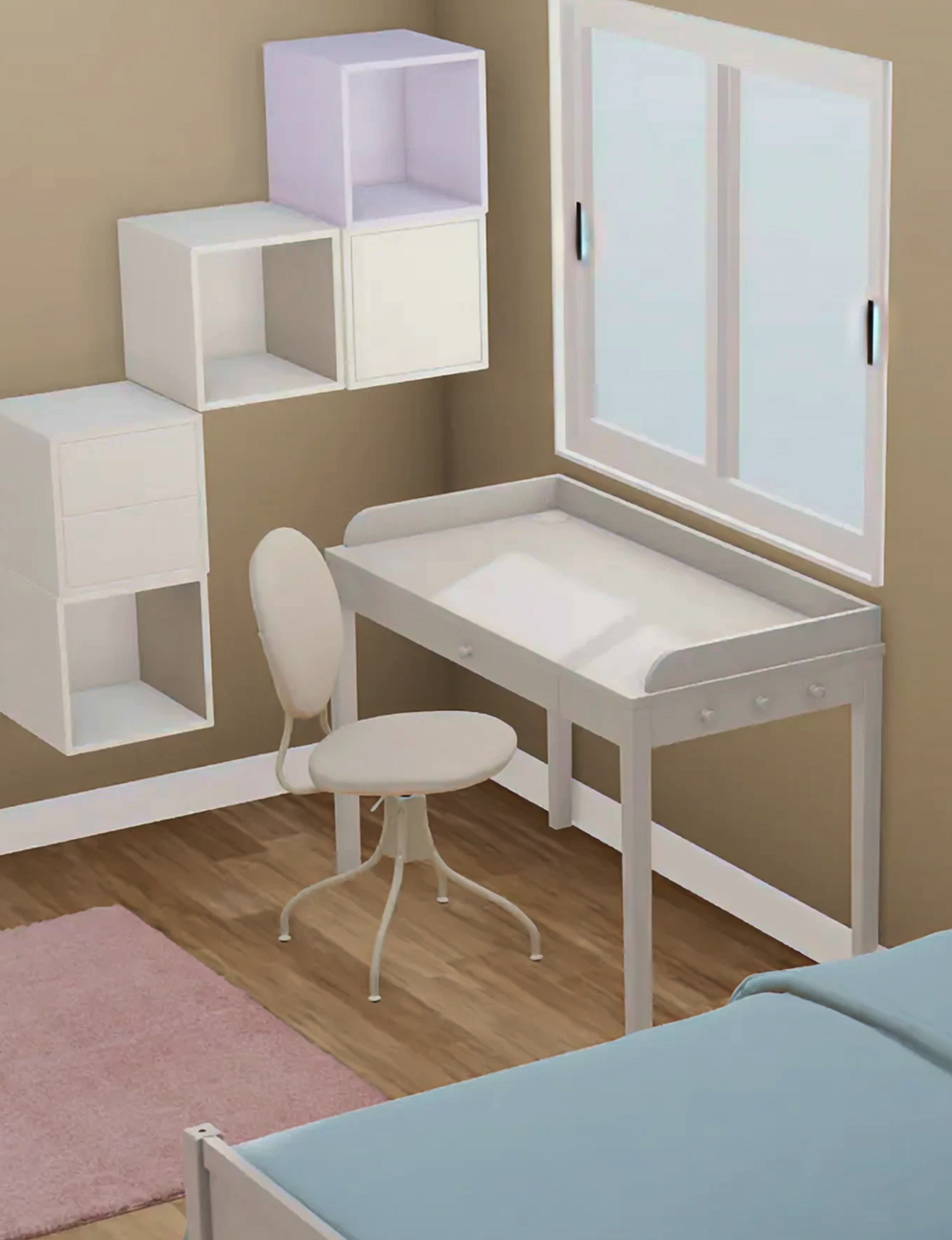 Kinderzimmer für ein Schulkind, gestaltet mit dem IKEA Kreativ 3D-Raumplaner. Enthält Bett, Schreibtisch, Drehstuhl und grünen Sitzsack.