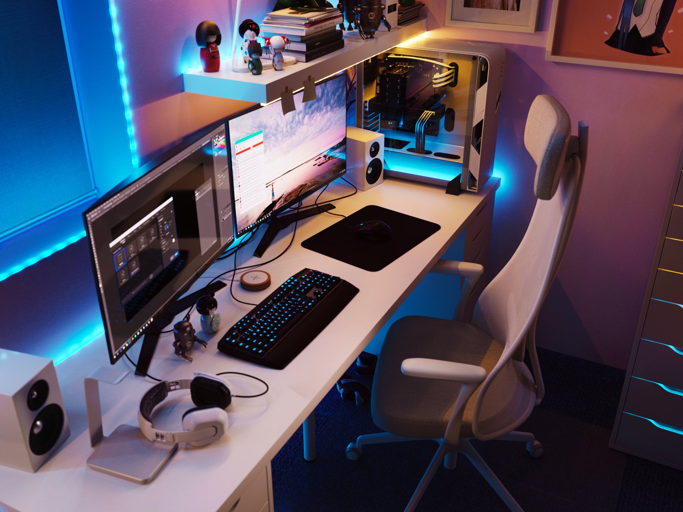 An UTESPELARE gaming chair and desk framed by a white PLATSA storage combination holding gaming accessories and decorations.