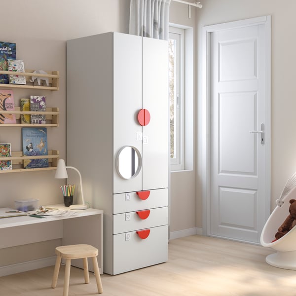 SMASTAD wardrobe in white and red handle for your kids bedroom