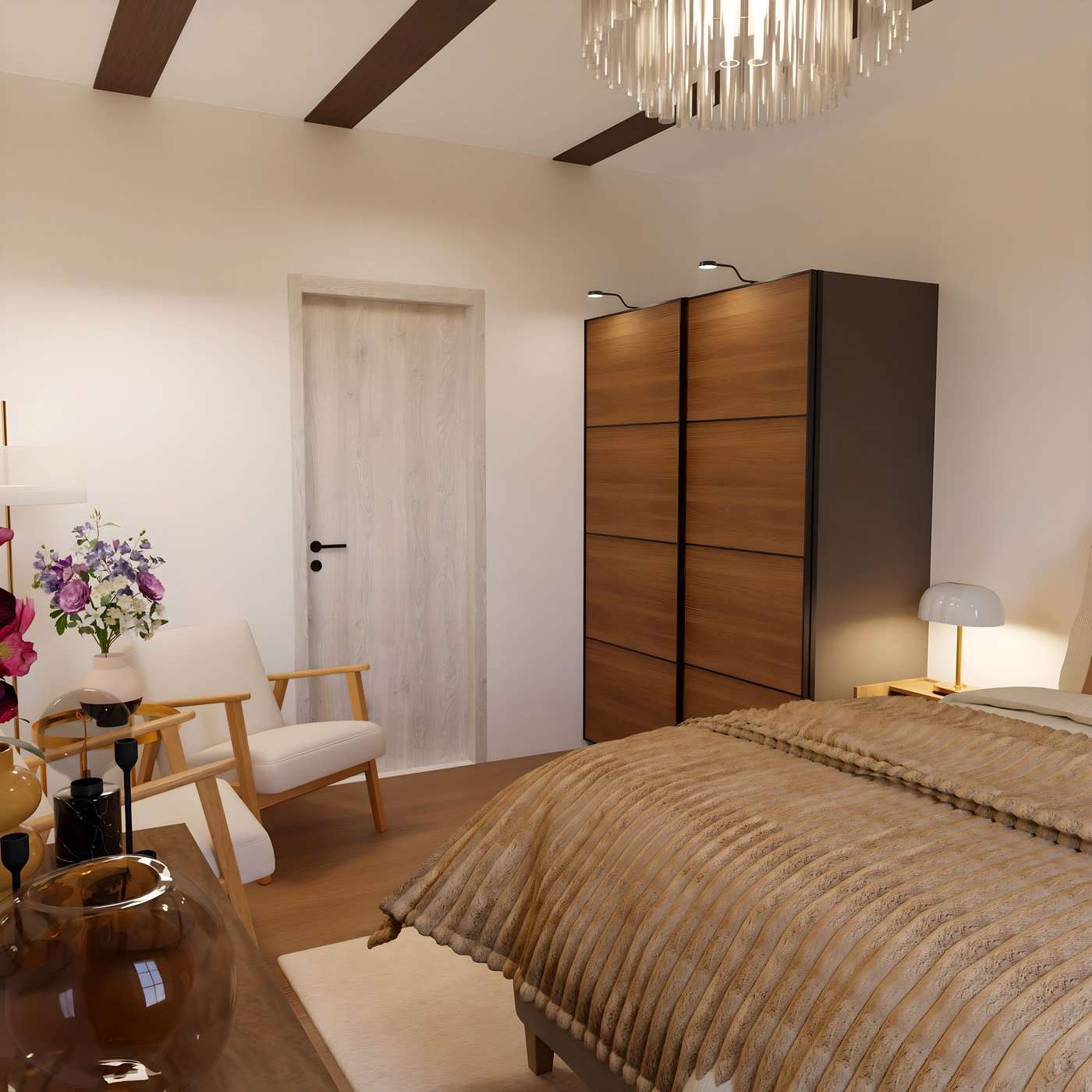 Ein Kleiderschrank in einem Hotelzimmer steht neben einer Tür