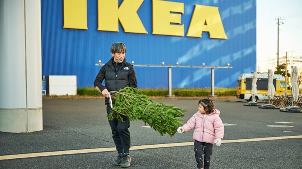 親子がイケアの店舗の前でもみの木を運んでいる