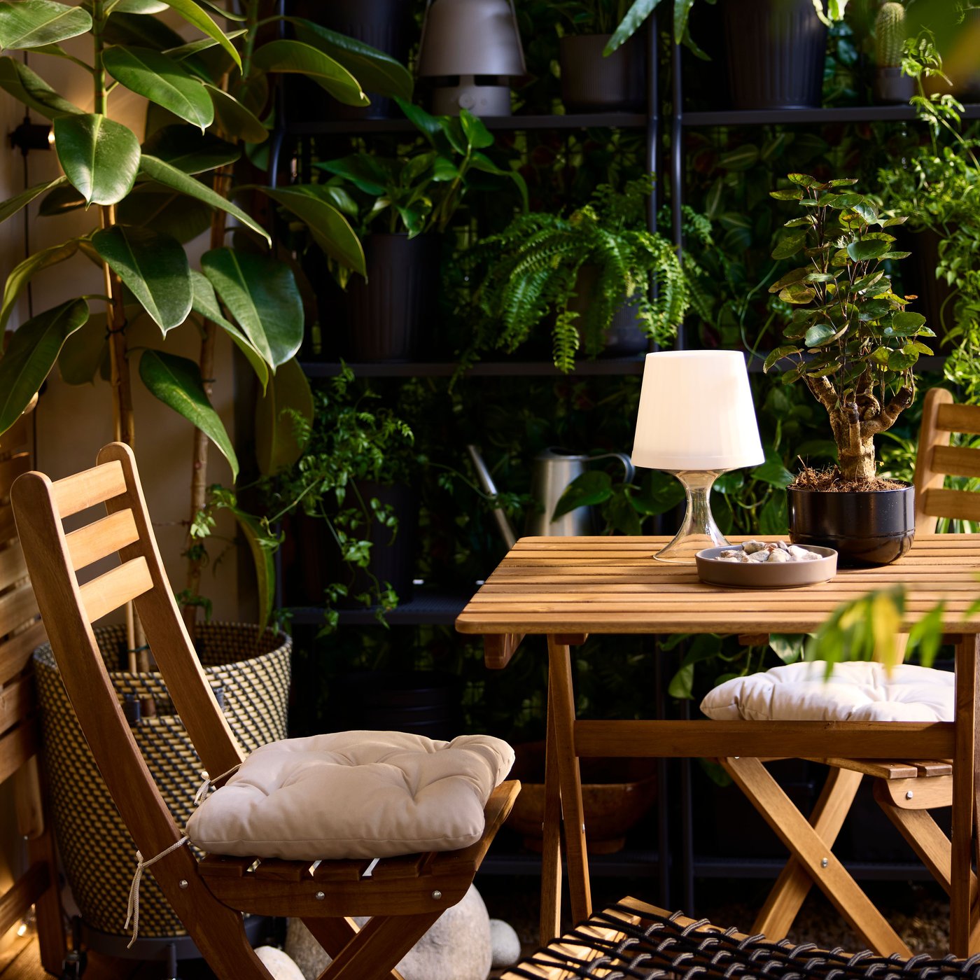 Parvekkeella on tummanruskea ASKHOLMEN-taittopöytä, kaksi taitettavaa tuolia, hyllyjä ja ruukkukasveja.