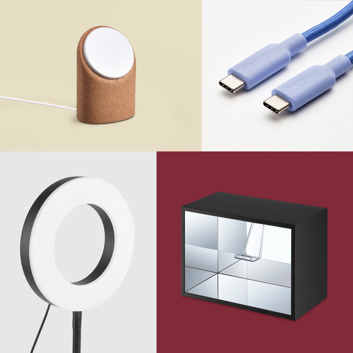 Een collage van vier afbeeldingen van verschillende producten, waaronder USB-C-kabels, een lichtring, en een zwarte YXSTABY displaybak voor gamecontrollers.
