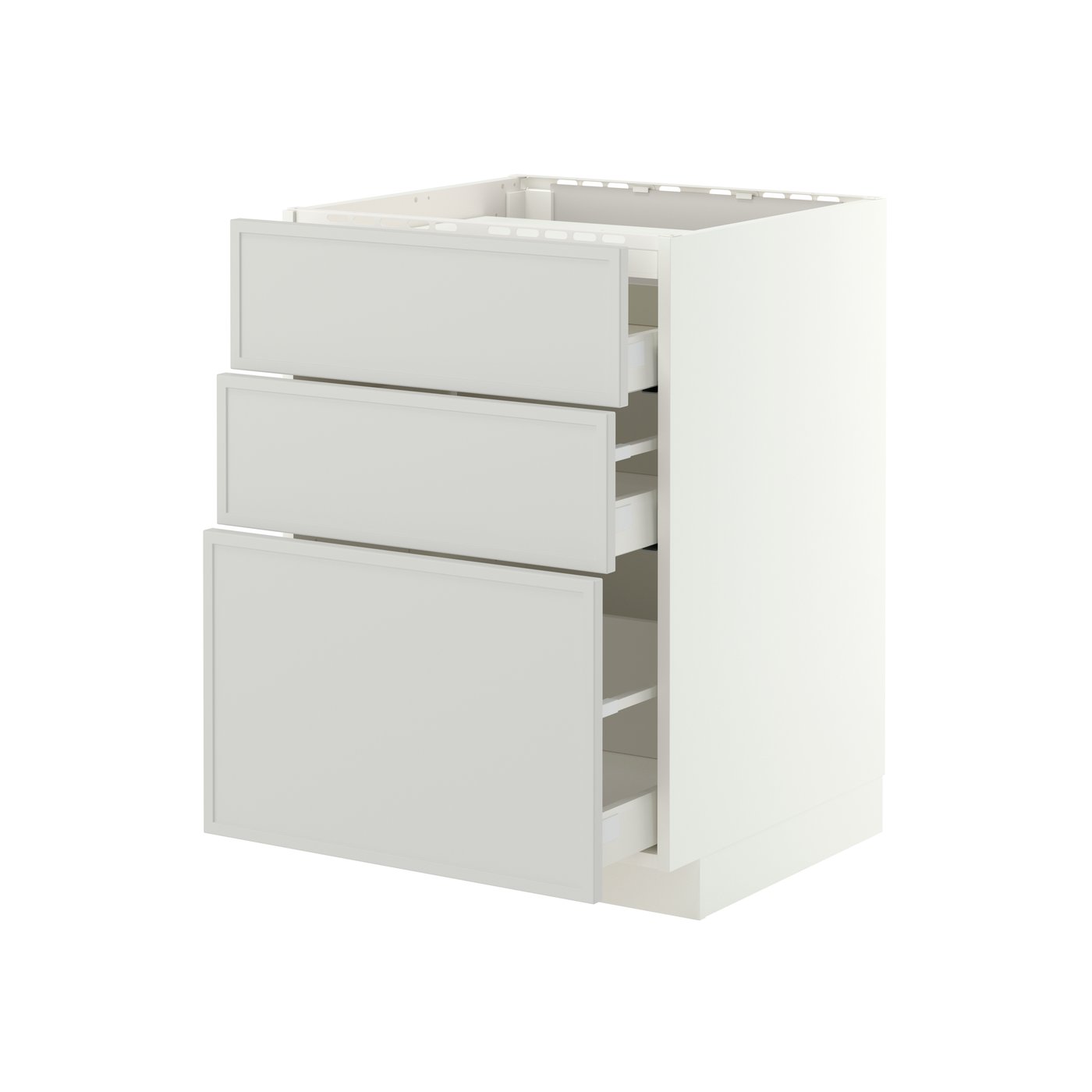 IKEA METOD / MAXIMERA bänkskåp för häll/3 frntr/3 lådor, vit/aspudden ljusgrå, 60x60 cm