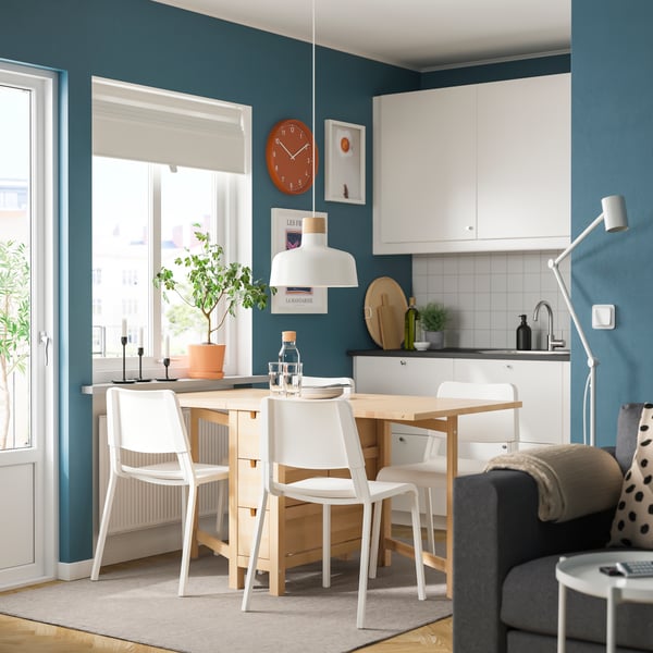 Bright dining area featuring a wooden table and white chairs, with a teal wall, plants, and a cozy kitchen backdrop.