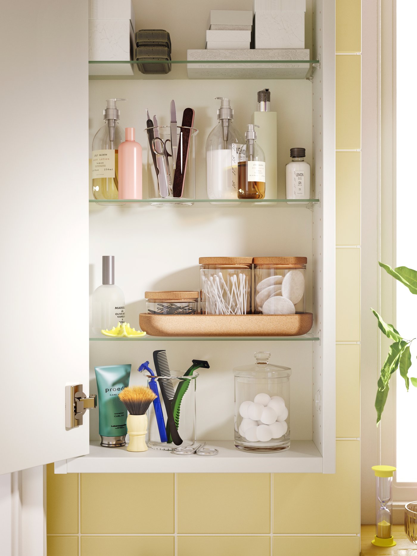 Next to a window, there’s a white HAVBÄCK wall cabinet with the door open and there are shelves with some toiletries inside.