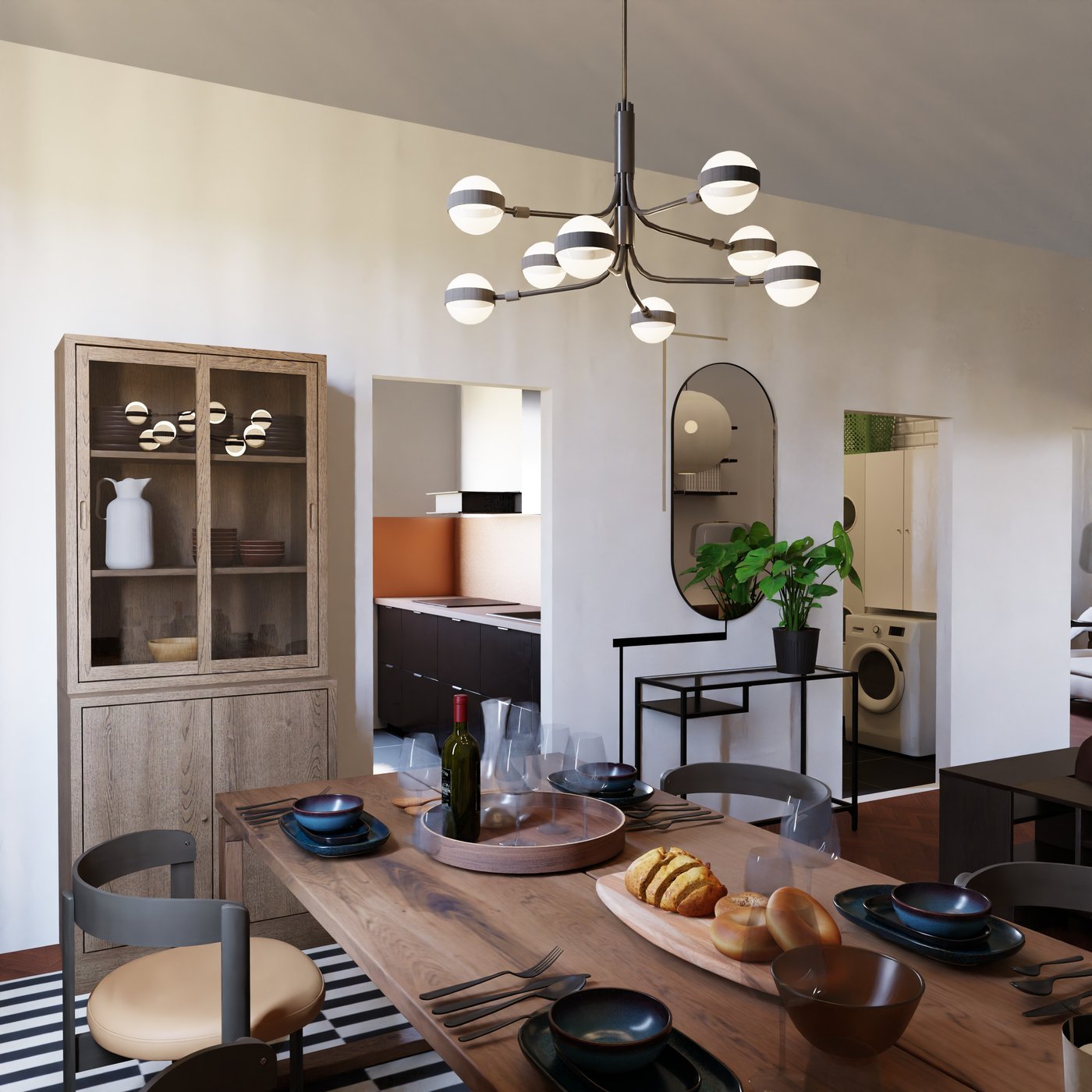 Esstisch aus dunklem Holz und einer Vitrine im Hintergrund