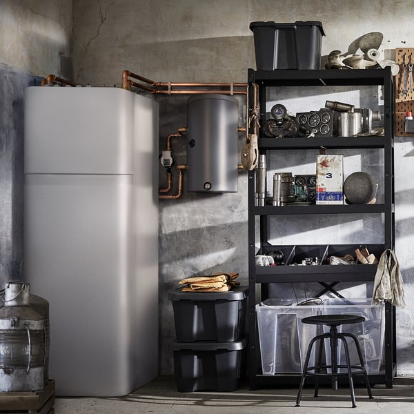 A water-based heat pump in the garage.