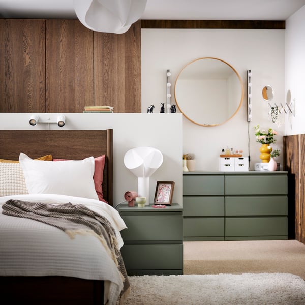 A grey/green/anchor/unlock-function STORKLINTA chest of 3 drawers