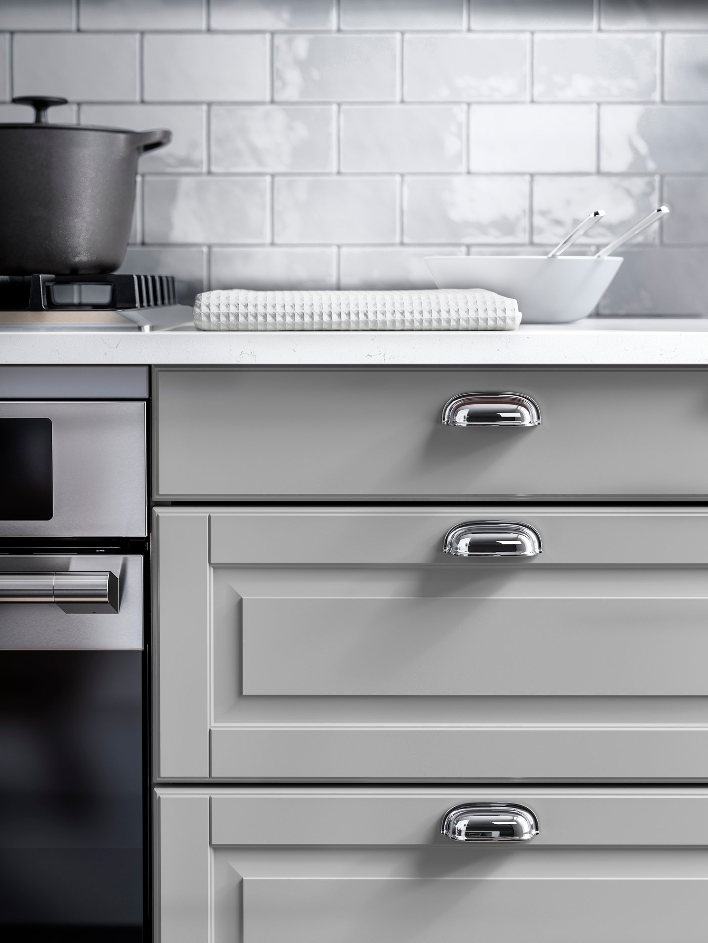 A white marble effect/laminate EKBACKEN worktop in the kitchen