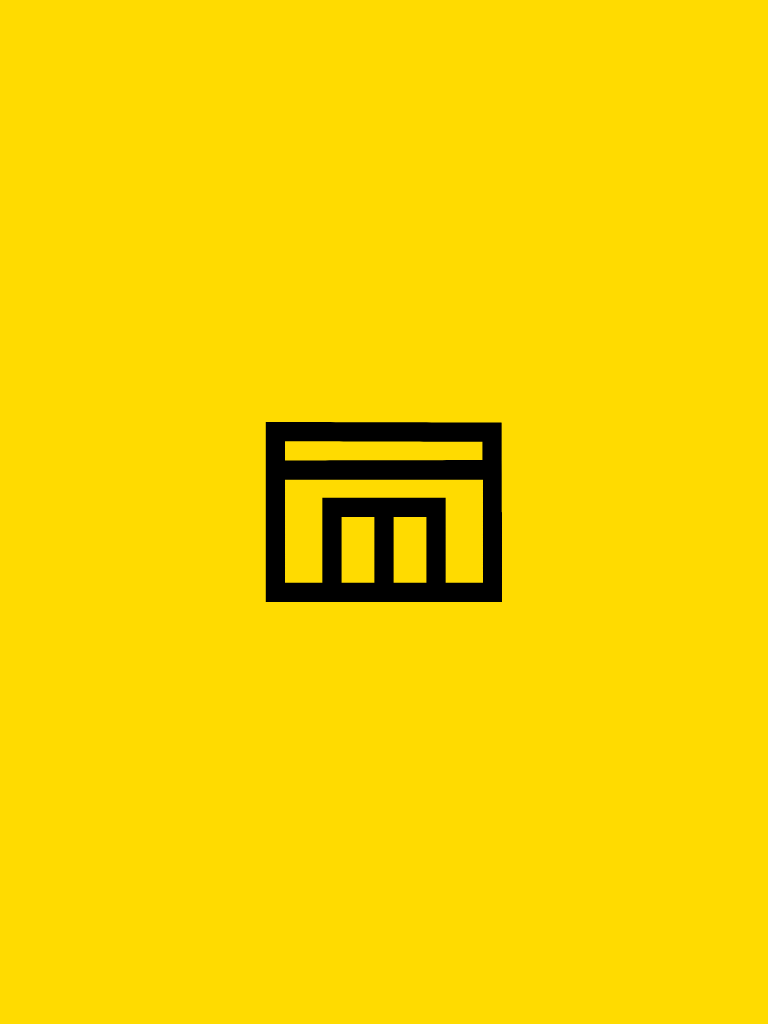 Auf einem gelben Hintergrund ist ein schwarzes Icon eines IKEA Einrichtungshauses