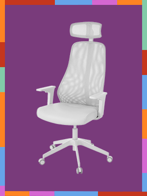 Siège  blanc et bois détouré sur fond violet avec bordure de couleurs rouge, bleu, violet, orange, rose et vert.