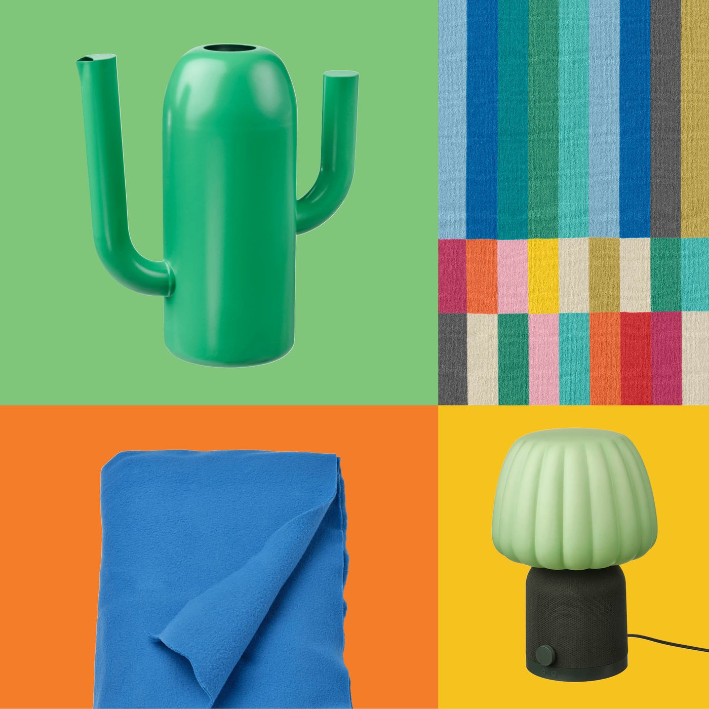 Un mélange ludique d'un plaid bleu vif, d'un tapis tissé coloré, d'un abat-jour cylindrique et d'un vase IKEA vert audacieux crée une atmosphère vivante et joyeuse.