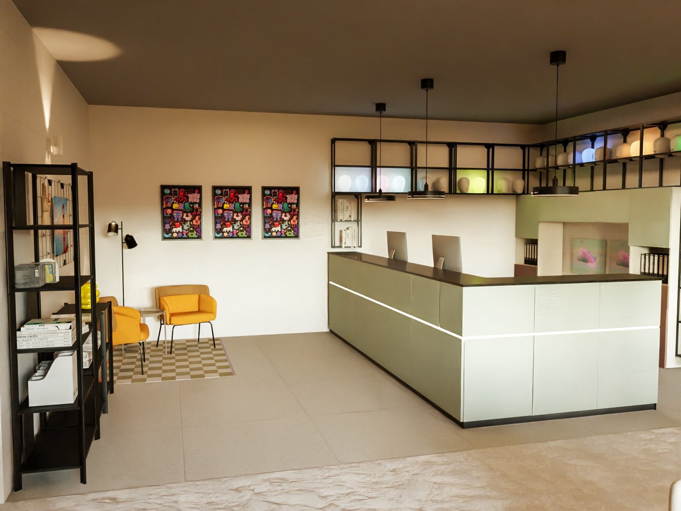 Rezeption eines Hotels. Rechts der Tresen mit offenen Regalen im Hitergrund. Links im Vordergrund ein offenes Regal, im Hintergrund zei Sessel und eine Standleuchte.