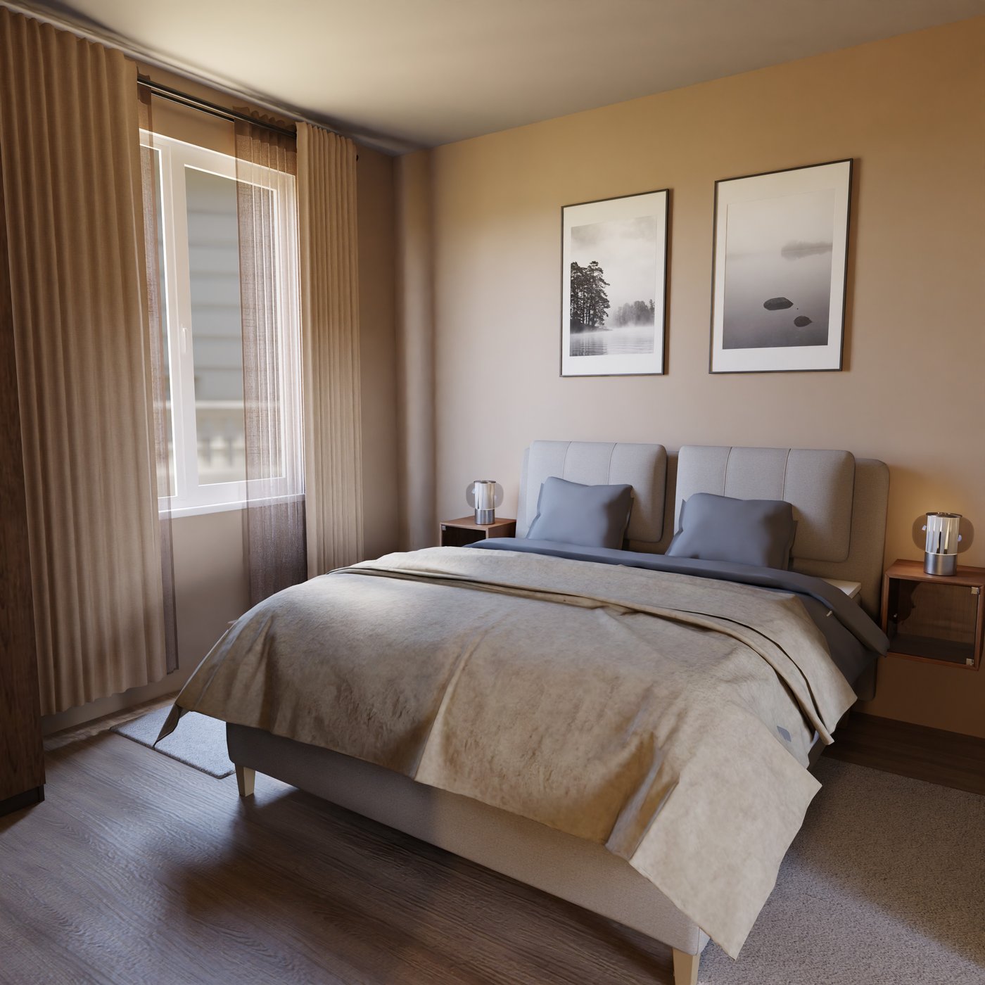 beige gepolstertes Bett mit Rückenkissen in einem Raum mit beigen Wänden und Teppichen neben dem Bett