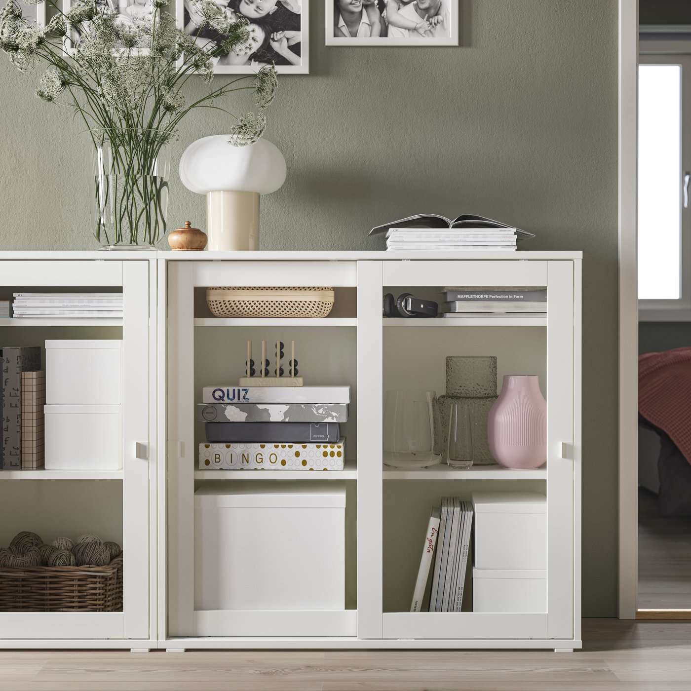 A white/clear glass VIHALS storage combination w glass doors