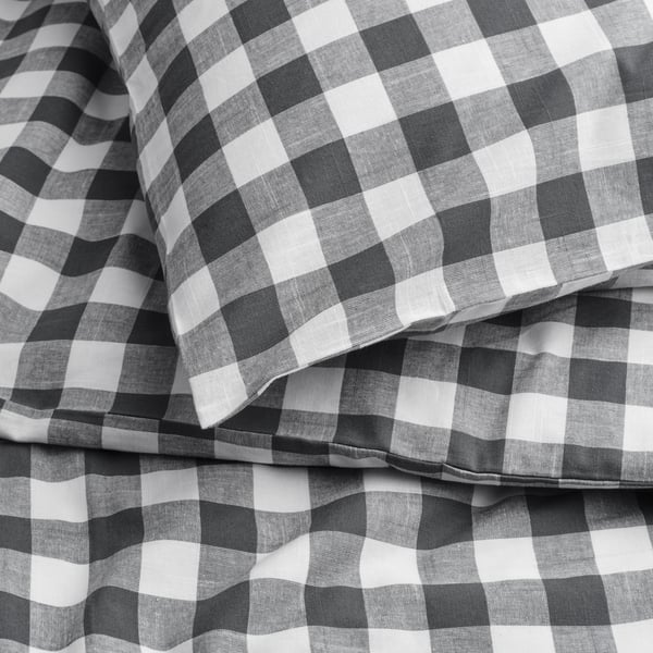 An anthracite white/check EKTANDVINGE duvet cover and pillowcase