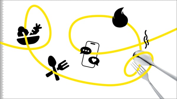 Illustrazione con simboli che rappresentano alimenti, fiamme, uno smartphone e posate, collegati da una linea gialla che suggerisce un viaggio culinario.