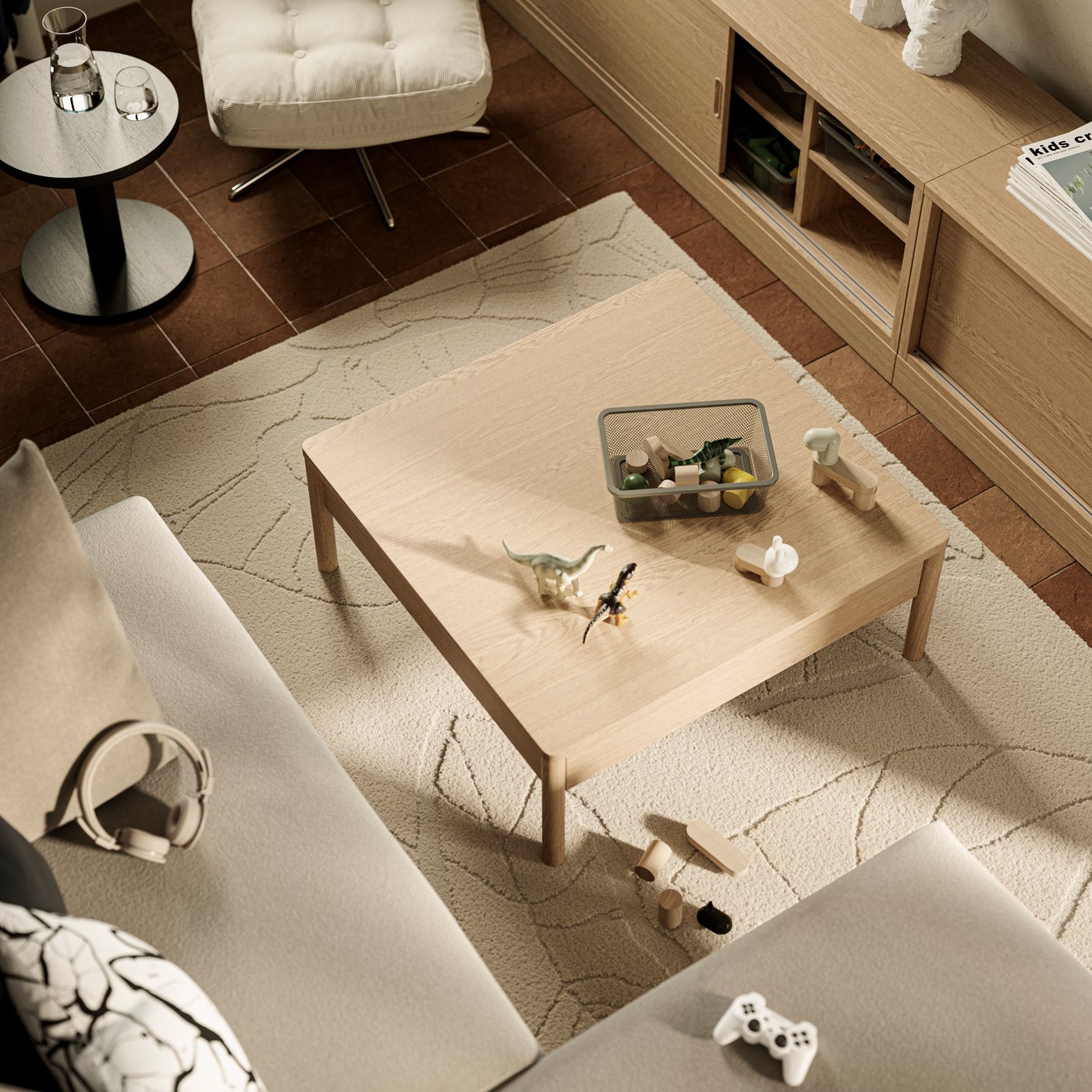 A TROFAST mesh storage box with toys in it sits on an oak veneer TONSTAD coffee table near two oak veneer TONSTAD TV benches.