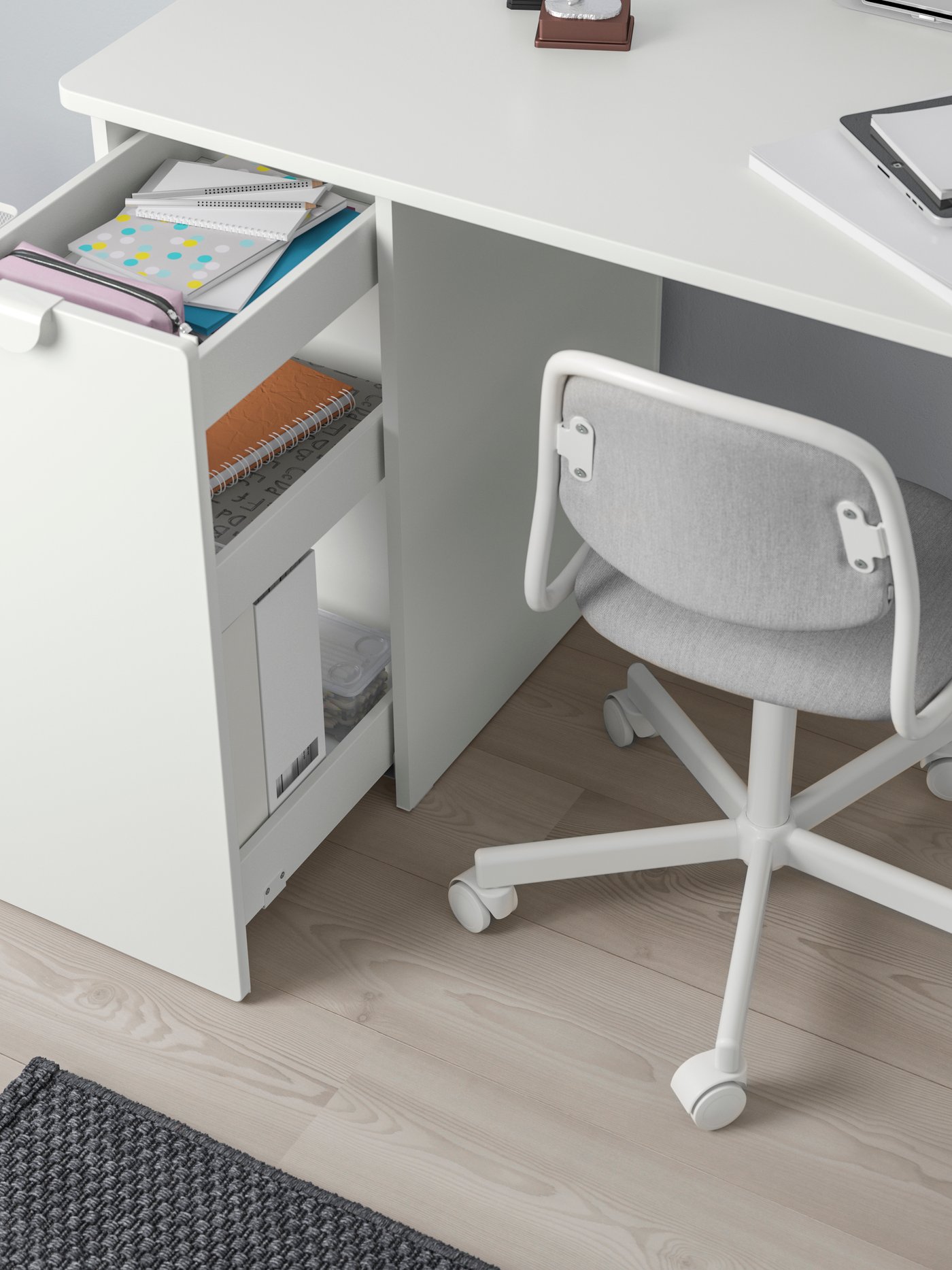 Escritorio LÄRANDE blanco con unidad de almacenaje extraíble