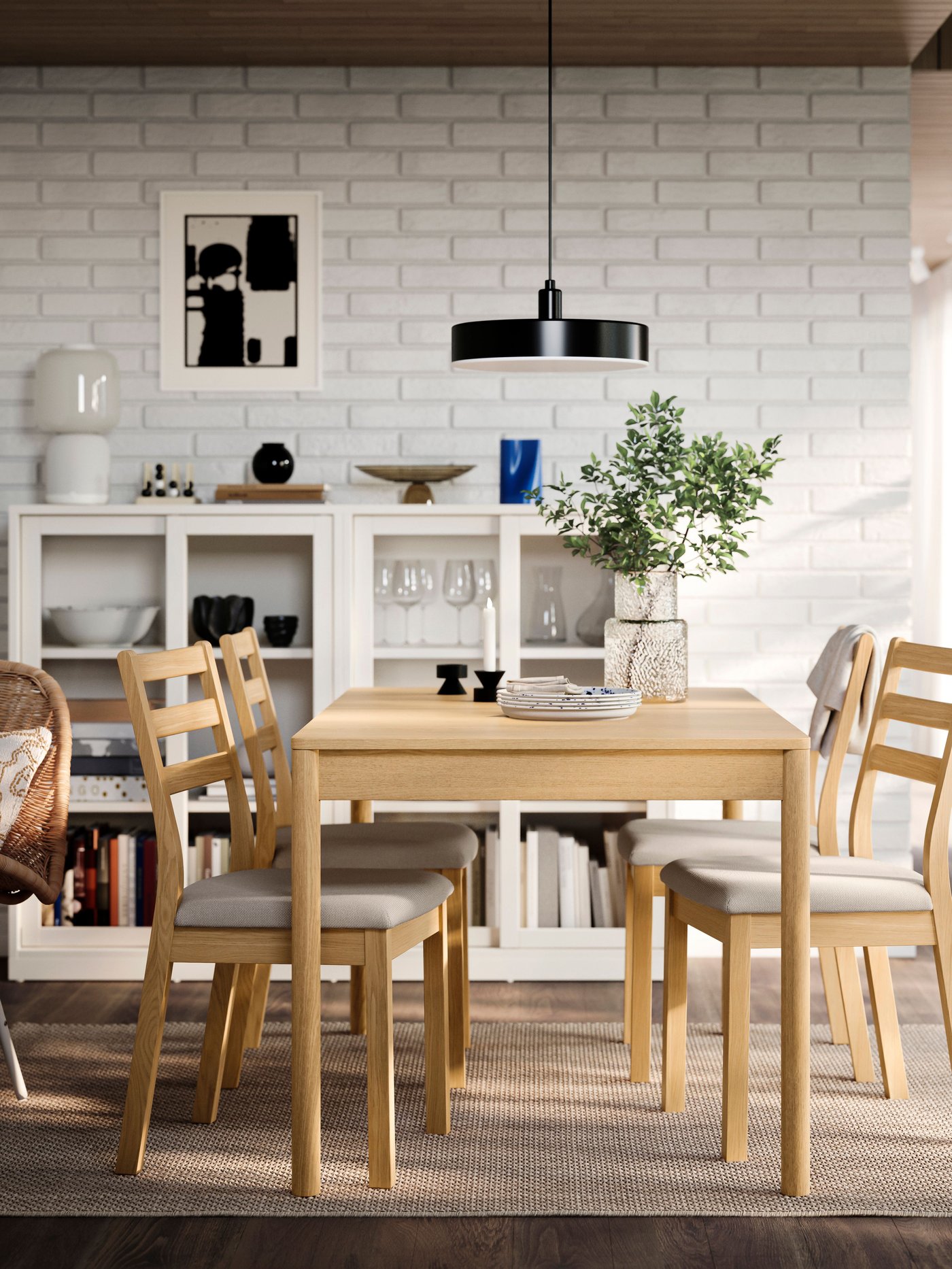 Mesa TONSTAD y 4 sillas Fridtuna en chapa de roble/efecto roble