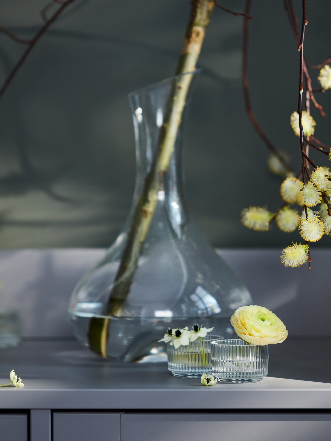 FINSMAK clear glass tealight holders with single flowers in them stand beneath a STORSINT carafe with a branch in it.