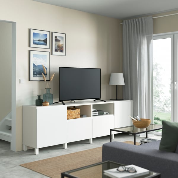 Banc TV BESTÅ blanc/Västerviken/Stubbarp blanc avec portes et tiroirs