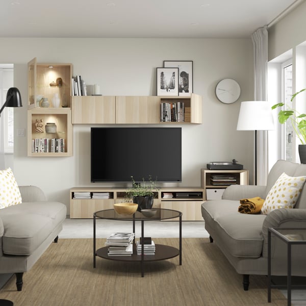 A white stained oak effect/Lappviken white stained oak eff clear glass BESTÅ TV storage combination/glass doors